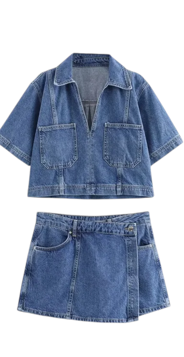 Conjunto Denim Celeste – Camisa Corta y Falda de Mezclilla