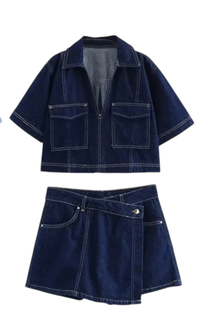 Conjunto Denim Celeste – Camisa Corta y Falda de Mezclilla