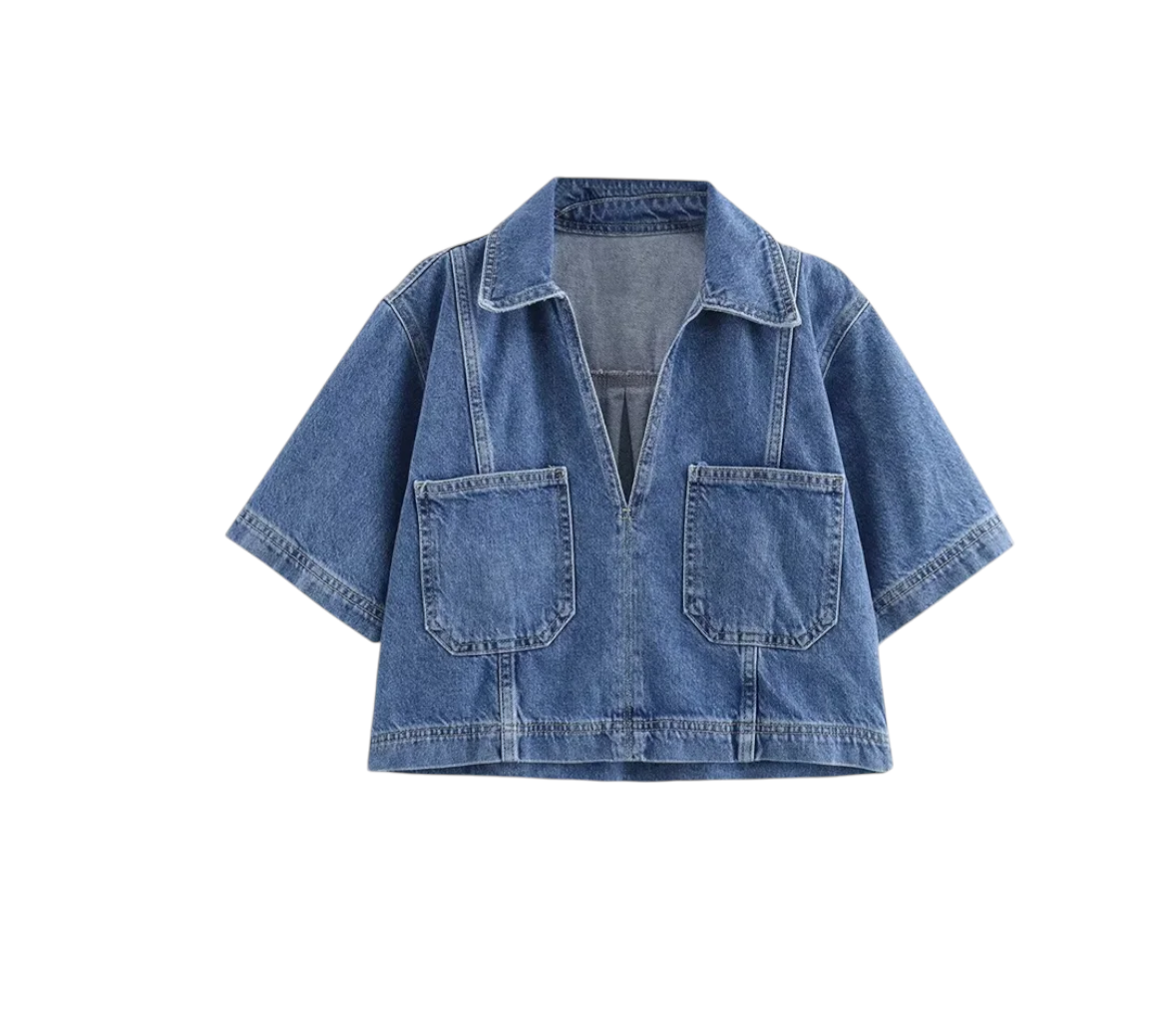 Conjunto Denim Celeste – Camisa Corta y Falda de Mezclilla